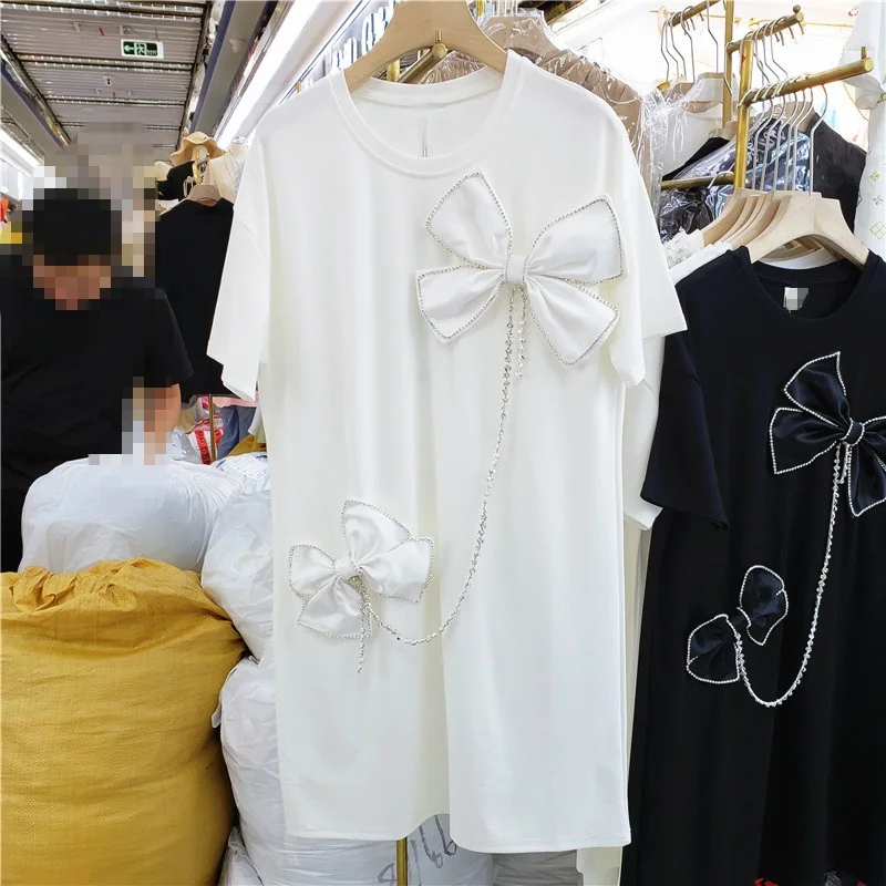 Bowknot Splicing Beads Diamond Loose Short Sleeve Sweet T Dress Woman 2021 Summer Casual Ladies Students Dresses White Black
Bowknot Splicing Beads Diamond Loose Short Sleeve Sweet T Dress Woman 2021 Summer Casual Ladies Students Dresses White Black