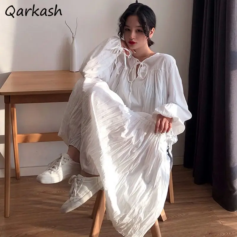 Dress Women Folds Japanese Style Lazy Loose Simple Solid Color Comfortable Lantern Sleeve O-neck Female Leisure Street Popular
Dress Women Folds Japanese Style Lazy Loose Simple Solid Color Comfortable Lantern Sleeve O-neck Female Leisure Street Popular