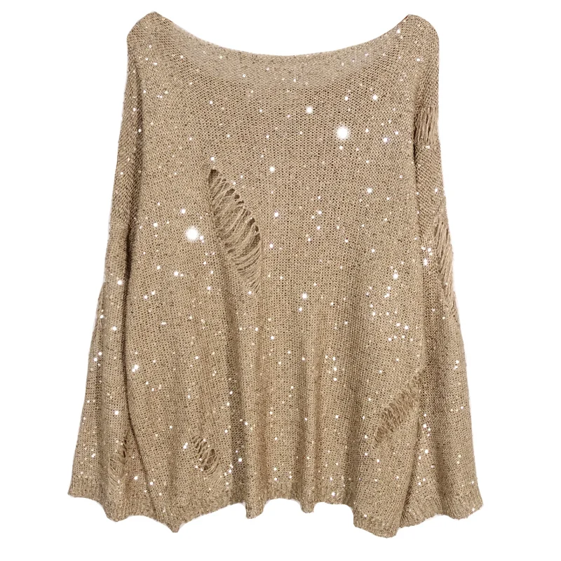 Sequined Pullover Sweater Sexy Ripped Holes Knitted Shirt Women's Spring Summer Sweater Loose Jumper Tops
Sequined Pullover Sweater Sexy Ripped Holes Knitted Shirt Women's Spring Summer Sweater Loose Jumper Tops