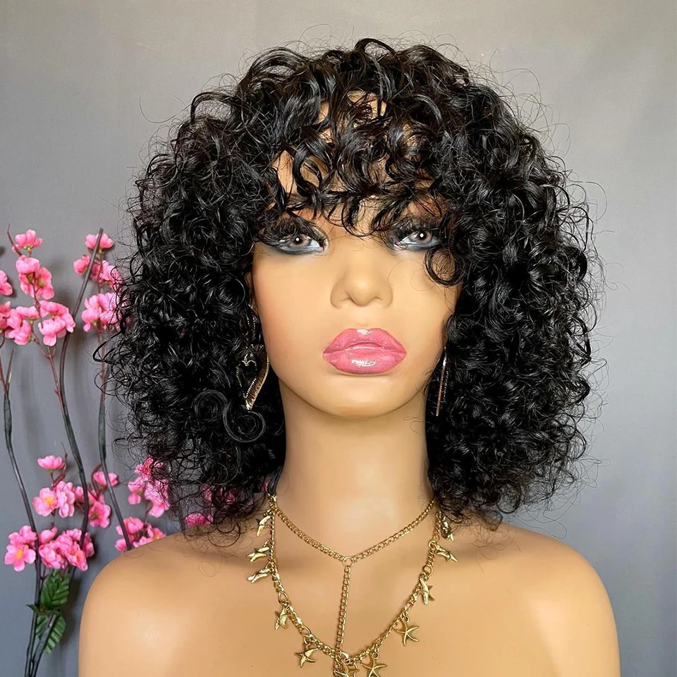 

11A Human Hair Wig With Bangs Water Wave Glueless Full Machine Made Deep Fringe Bob Wigs For Women Virgin Brazilian Pixie Cut