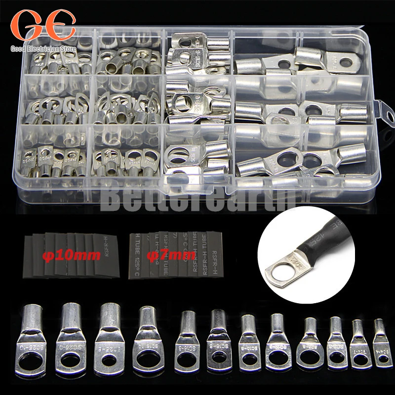 

220/140/65PCS 4-25mm Assortment Tinned Copper Lugs Ring Crimp Terminals Battery Wire Welding Cable Connectors Kit