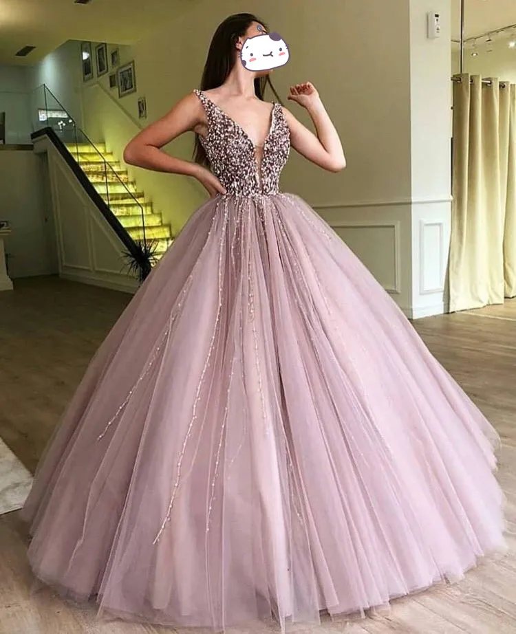 

Abendkleider 2019 Evening Dresses Sparkle Beaded Tutu Ball Gowns Crystal Pearls Vintage Long Evening Gowns V-neck Prom Gown