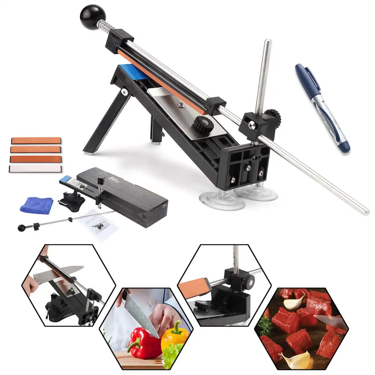 Professional Sharpener Kit Stainless Steel Fixed Angle Knife Sharpen Stone System with 4 Whetstone Kitchen Sharpening Tool Kits
Professional Sharpener Kit Stainless Steel Fixed Angle Knife Sharpen Stone System with 4 Whetstone Kitchen Sharpening Tool Kits