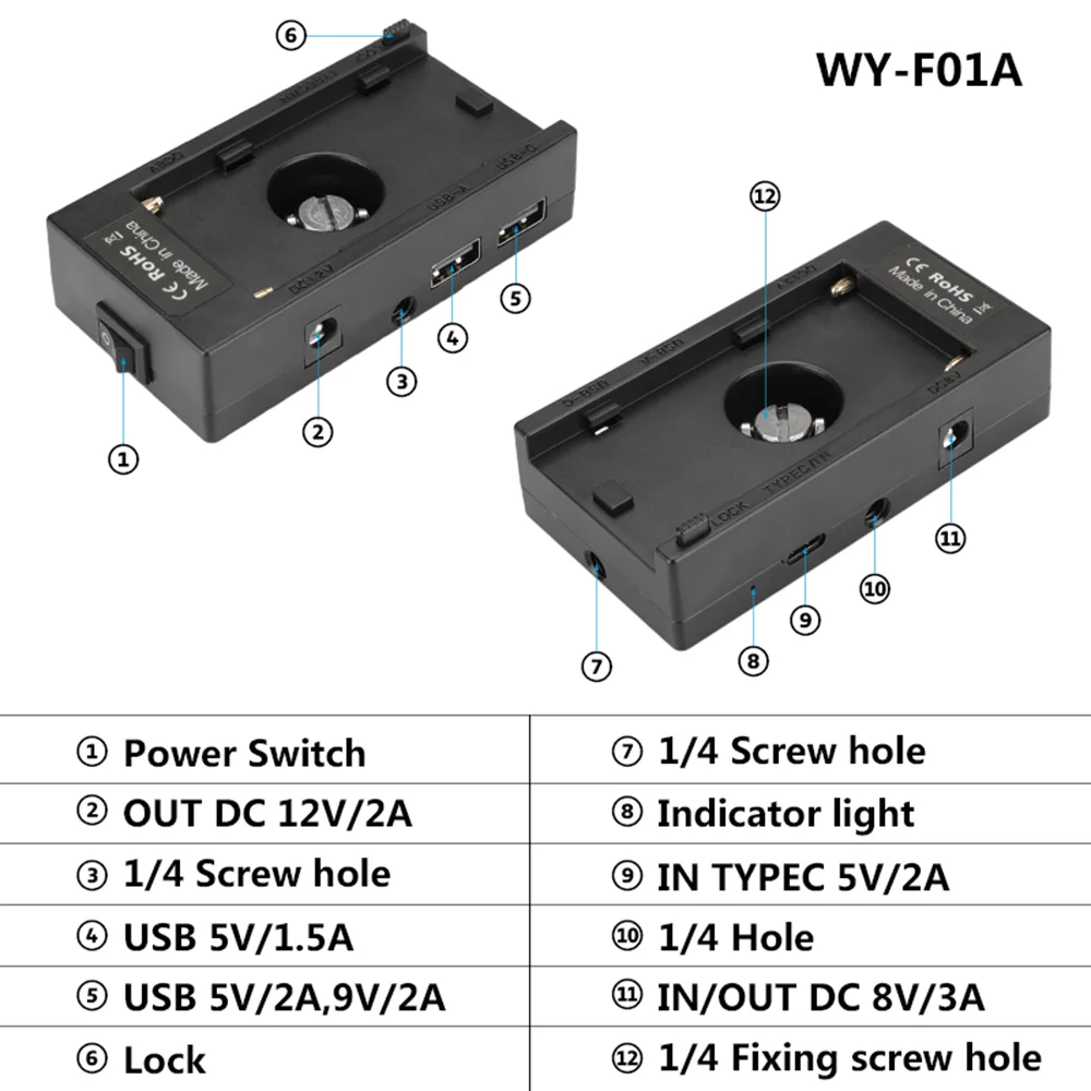 CAMVATE Sony NP F970 адаптер для аккумулятора (WY F01A)12V 8V DC 5V 9V с USB на Type C 3A кабель питания