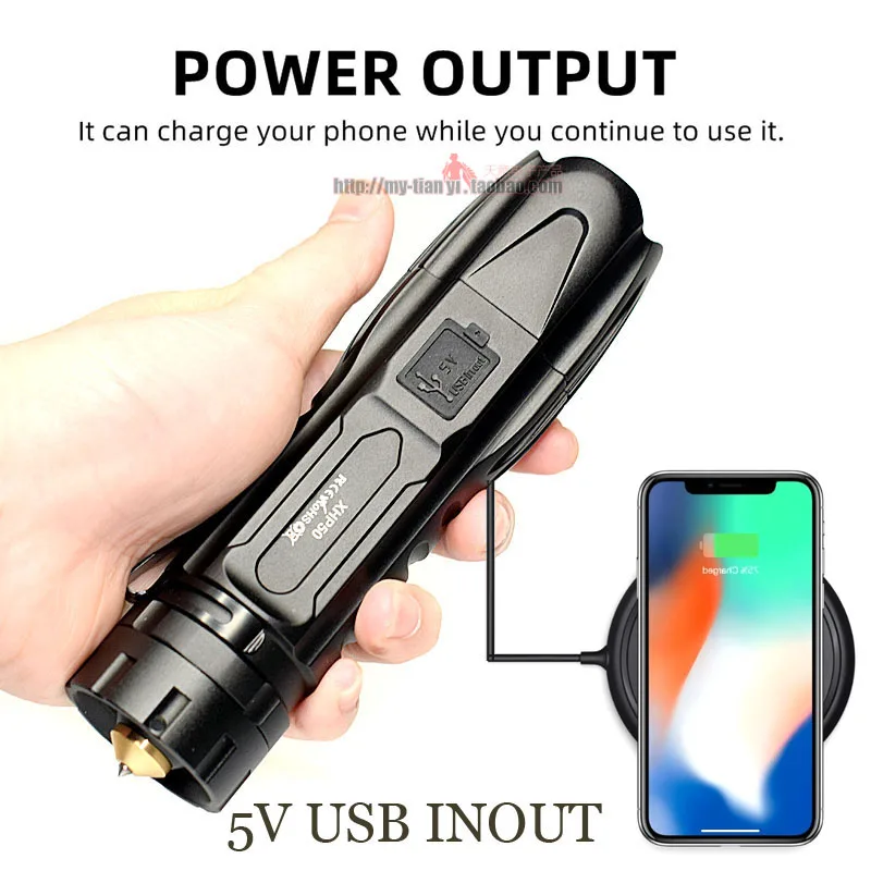Ultra-bright light P50 flashlight Concentrating low light zoom outdoor lighting flashlight USB 5V output rechargeable flashlight 
Ultra-bright light P50 flashlight Concentrating low light zoom outdoor lighting flashlight USB 5V output rechargeable flashlight