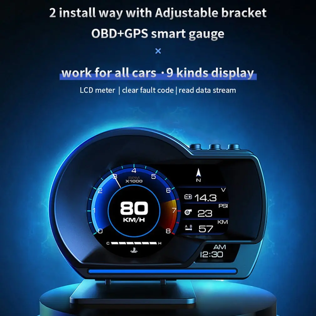 

HUD Head-up Displayer OBD+GPS LCD Durable Instrument Fast Data Update Speed Digital Speedometer Multiple Alarms