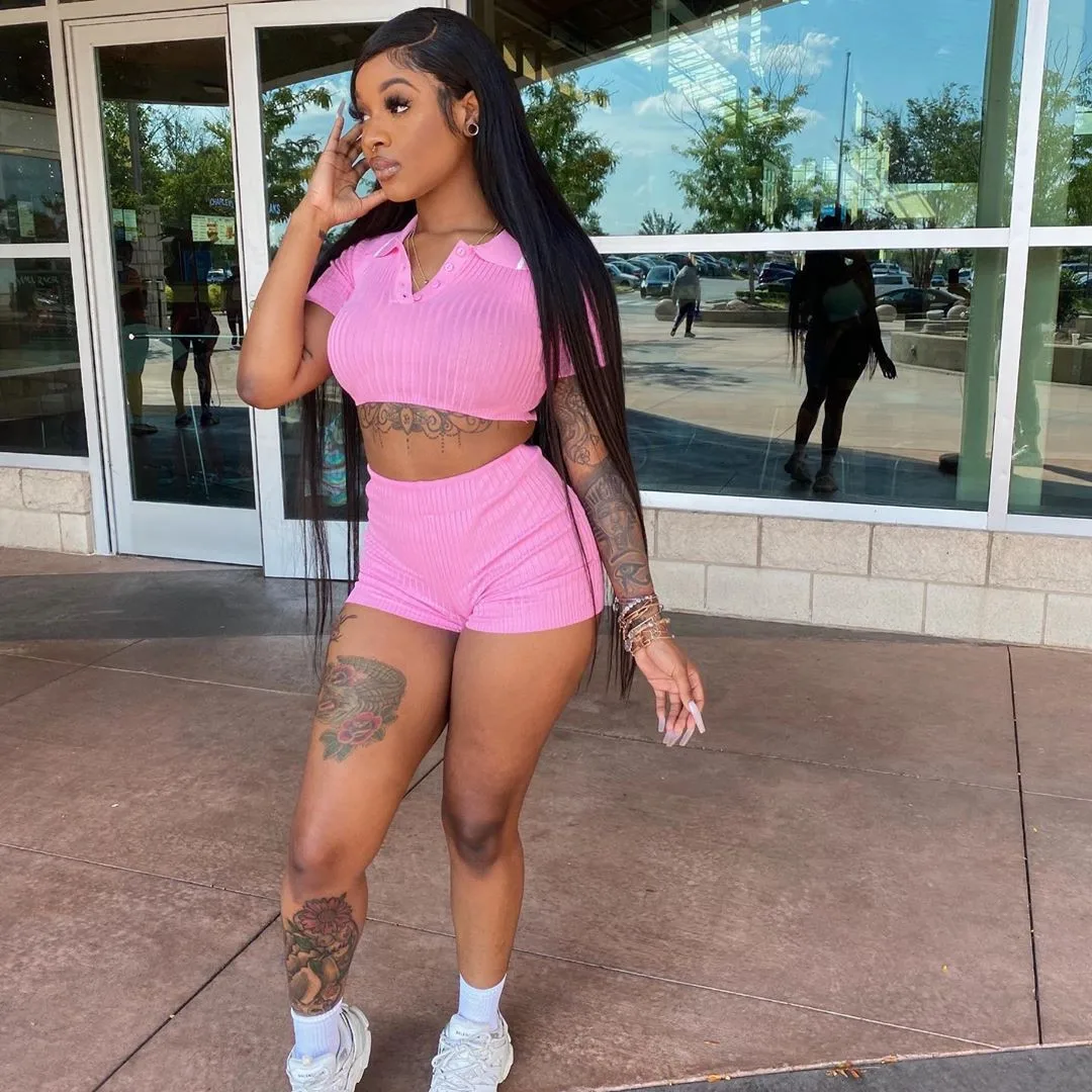 hirigin Summer Sunken Stripe Sexy Solid short sleeve turn down collar blouses and biker shorts bodycon women's Two-Piece Suit
hirigin Summer Sunken Stripe Sexy Solid short sleeve turn down collar blouses and biker shorts bodycon women's Two-Piece Suit