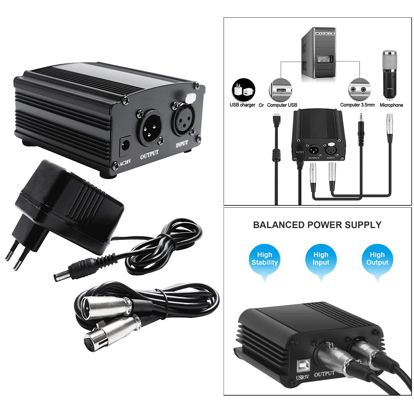 48V Phantom Power Supply with Charging Cable for Microphone Device Equipment
48V Phantom Power Supply with Charging Cable for Microphone Device Equipment