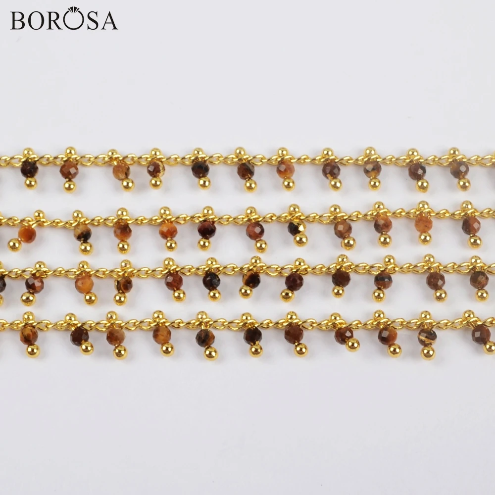 

BOROSA Gold/Silver Plated 3Meters 2mm Tiger's Eye Beads Faceted Brass Chains Natural Gems Stone Beads Chains Rosary Chain JT261