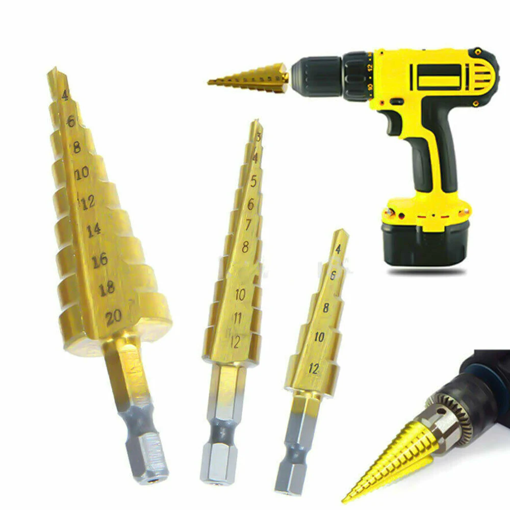

3Pcs Set HSS Cobalt Multiple Hole Straight Groove Step Drill Bit Titanium Coated Wood Metal Hole Cutter Drilling Step Cone Drill