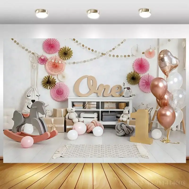 

Фон для студийной фотосъемки новорожденных с изображением розовых воздушных шаров деревянной лошади