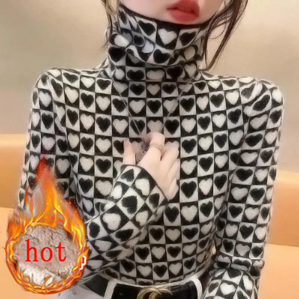 One-piece Plus Velvet, High Collar, Basic Shirt, Women, Autumn And Winter, Long-Sleeved Slim, Warm, Love Printed Top
One-piece Plus Velvet, High Collar, Basic Shirt, Women, Autumn And Winter, Long-Sleeved Slim, Warm, Love Printed Top