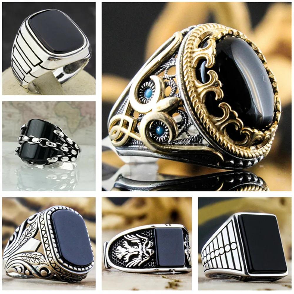 

Retro Handmade Turkish Jewelry Vintage Ottoman Men's Eagle Ring Inlaid Black Onyx Stone Ring Party Punk Motor Biker Jewelry