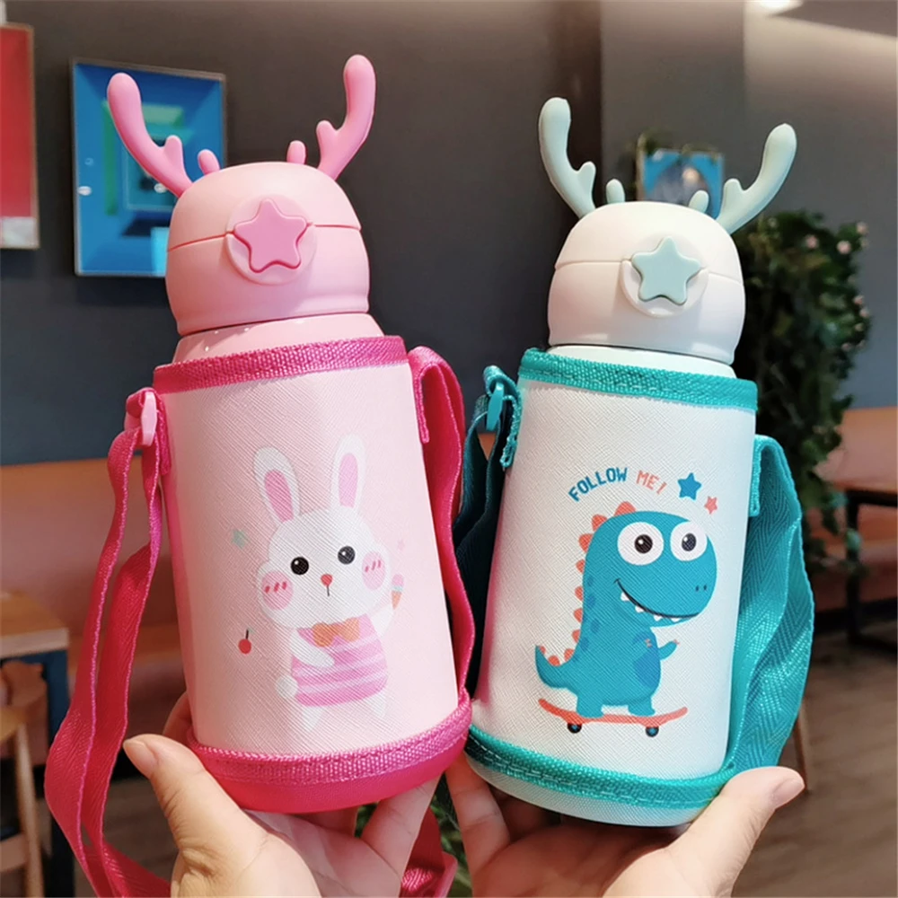

500ml 3 Lids Stainless Steel Thermos Mug Water Bottle For Kids Girls With Silicone Straw Tea Coffee Vacuum Flask Thermal Cup