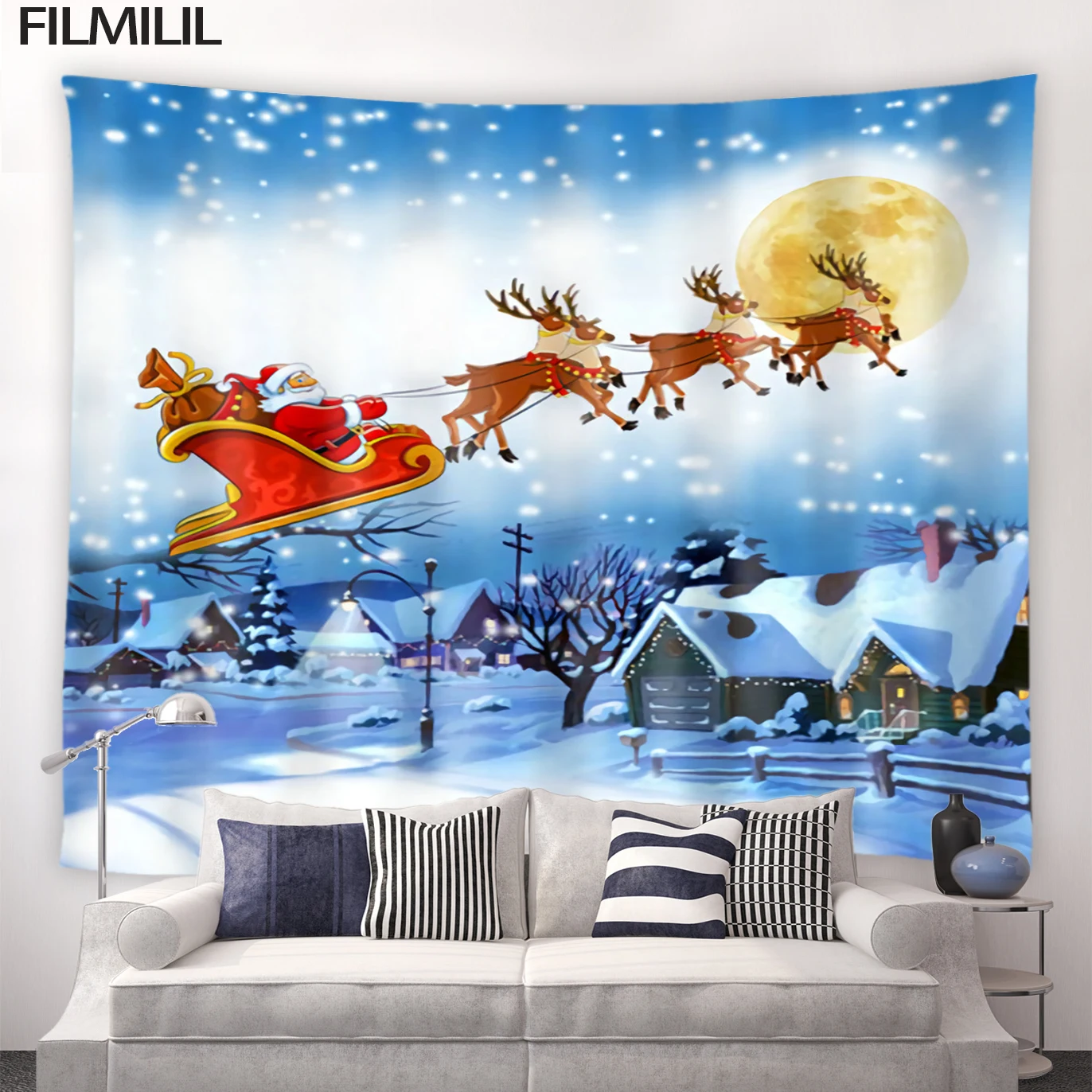 

Cartoon Christmas Tapestry Elk Sleigh Santa Claus Snow Scenery New Year Party Decor Home Wall Hanging Xmas Theme Mural Blanket