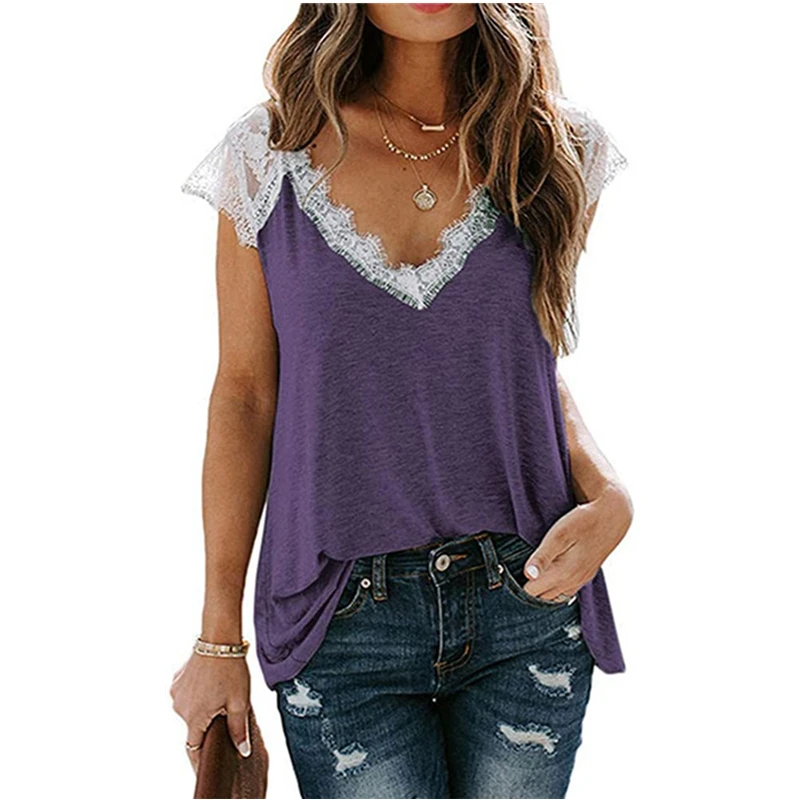 2021 New Womens Summer V Neck Lace Trim Patchwork Short Sleeve Tops Casual Loose Stitching Lace Tunic Shirts 
2021 New Womens Summer V Neck Lace Trim Patchwork Short Sleeve Tops Casual Loose Stitching Lace Tunic Shirts