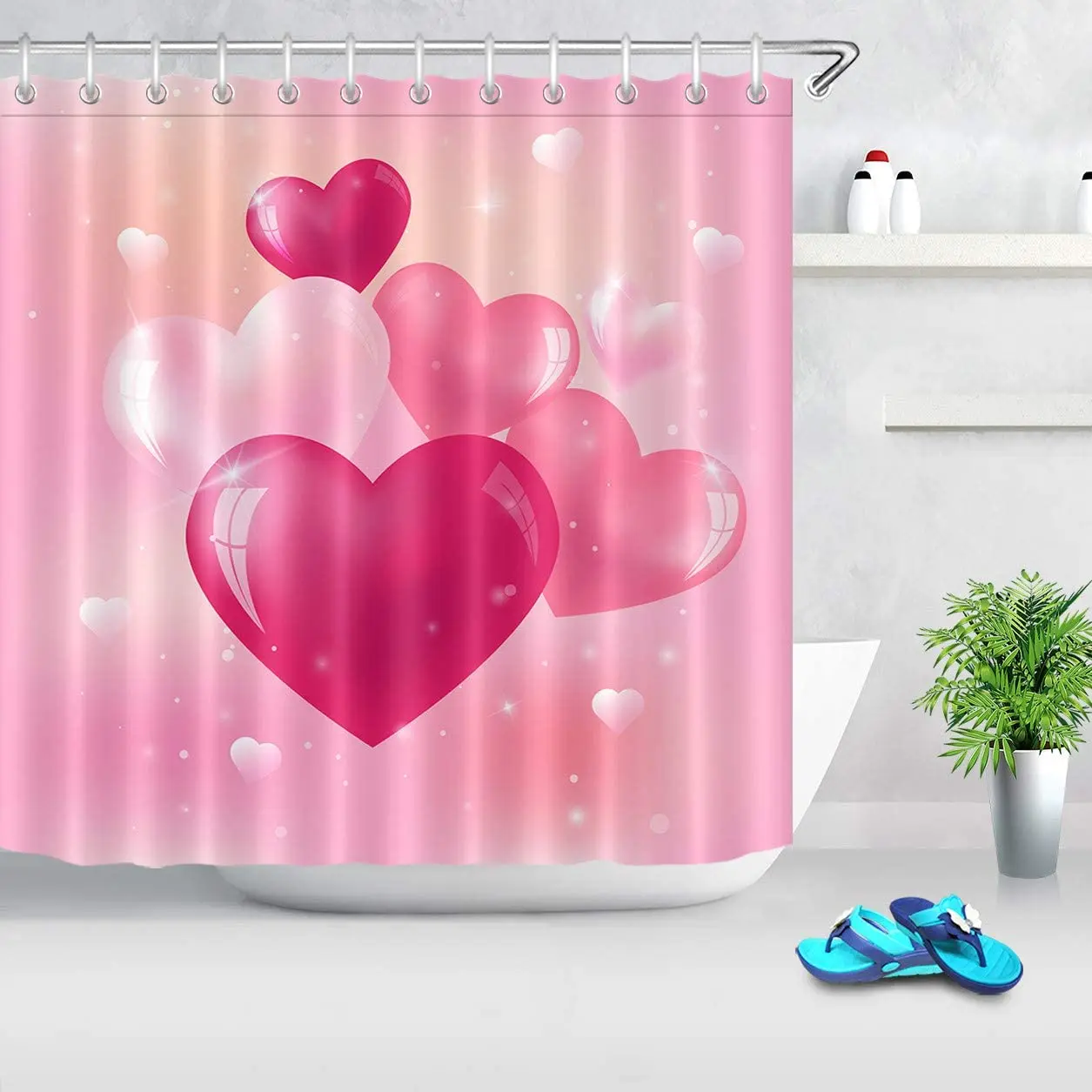 

Розовая душевая занавеска в форме сердца, романтичная фотозанавеска на День святого Валентина с крючками, водонепроницаемая ткань из полиэ...