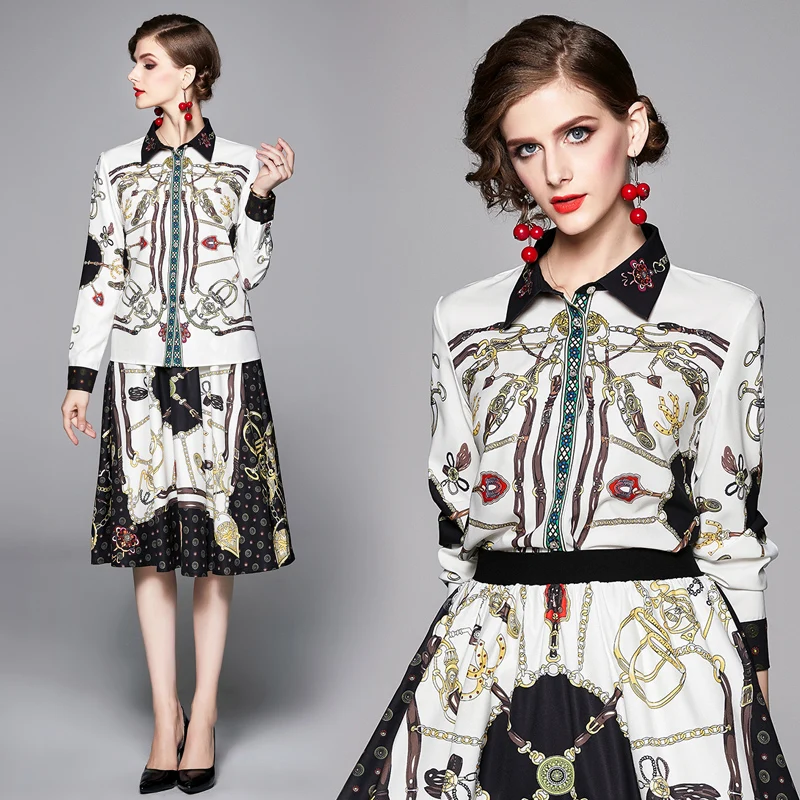 Женский комплект из двух предметов, Элегантная блузка с винтажным принтом и повседневная юбка миди с поясом на резинке, осень 
Женский комплект из двух предметов, Элегантная блузка с винтажным принтом и повседневная юбка миди с поясом на резинке, осень