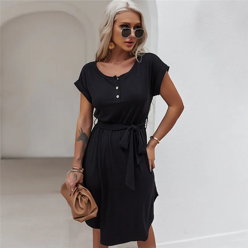 2021 Spring New Solid Knitted Dress Women Casual Short Sleeve O Neck Button Bandage Dress For Women High Waist Summer Dress 
2021 Spring New Solid Knitted Dress Women Casual Short Sleeve O Neck Button Bandage Dress For Women High Waist Summer Dress