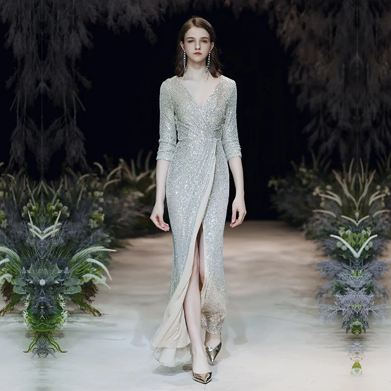 Half-Sleeve Dress Sequinde Formal Dress Sexy V-neck Gown Elegant High Split Gowns Robe De Soriee
Half-Sleeve Dress Sequinde Formal Dress Sexy V-neck Gown Elegant High Split Gowns Robe De Soriee