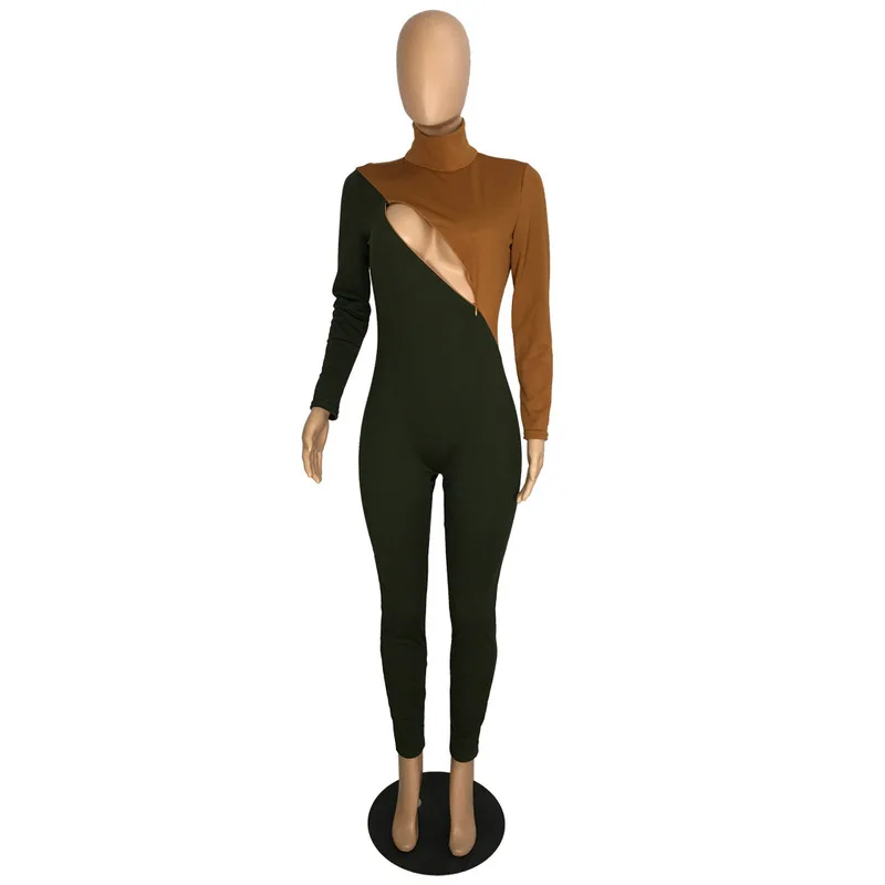

Contrast Color Sexy Rompers Womens Jumpsuit Turtleneck Long Sleeve Bodycon Overall Autumn Winter Front Zipper Club Party Catsuit