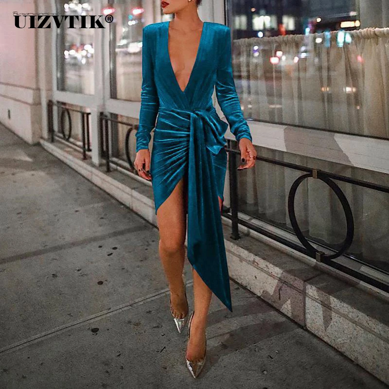 Long Sleeve Winter Dress Women 2022 Sexy Deep V Neck Evening Party Dresses Female Spring Autumn Casual Slim Bandage Blue Dress 
Long Sleeve Winter Dress Women 2022 Sexy Deep V Neck Evening Party Dresses Female Spring Autumn Casual Slim Bandage Blue Dress