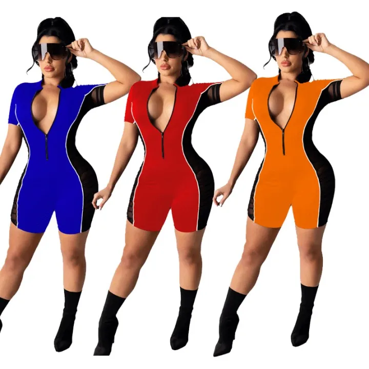 Fashion New Women's Sexy V Neck Personality Stitching Mesh Zipper Self Cultivation Commuter Solid Color Short Sleeved Jumpsuit
Fashion New Women's Sexy V Neck Personality Stitching Mesh Zipper Self Cultivation Commuter Solid Color Short Sleeved Jumpsuit