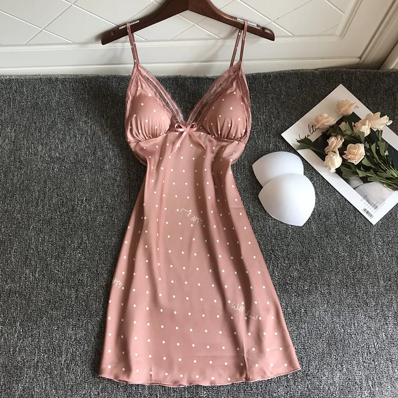 2021 Summer Lace Sexy Dot Nightgown Women Thin Hollow Out Ice Silk Strap Chest Pad Nightdress 
2021 Summer Lace Sexy Dot Nightgown Women Thin Hollow Out Ice Silk Strap Chest Pad Nightdress