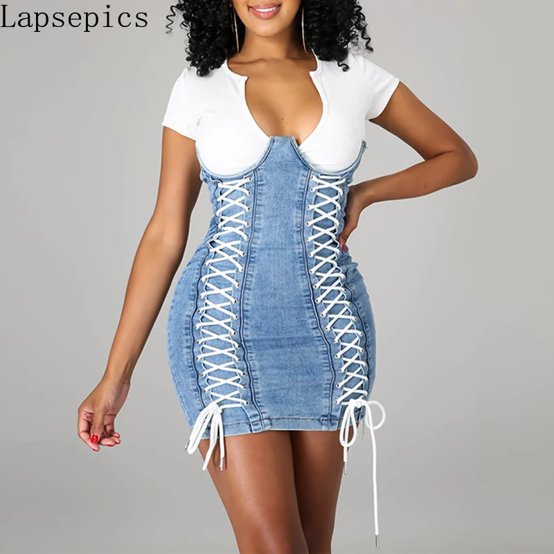 Sexy Short Sleeve Denim Dress For Women Patchwork Lace Up Drawstring Bodycon Mini Dress vestido de mujer
Sexy Short Sleeve Denim Dress For Women Patchwork Lace Up Drawstring Bodycon Mini Dress vestido de mujer