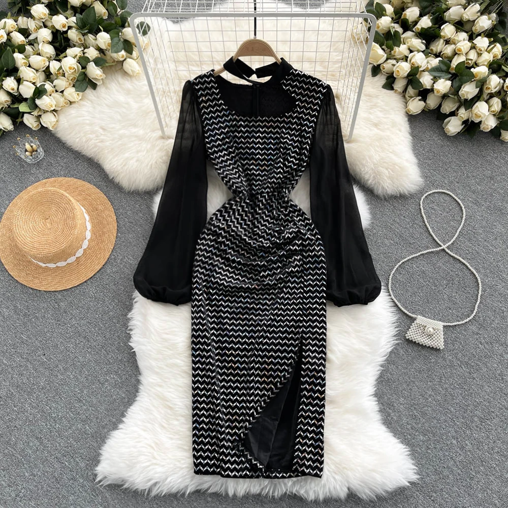 Autumn Vintage Black Sequins Patchwork Party Bodycon Dress Elegant Puff Long Sleeve High Waist Halter Robe Female Vestidos 2021
Autumn Vintage Black Sequins Patchwork Party Bodycon Dress Elegant Puff Long Sleeve High Waist Halter Robe Female Vestidos 2021