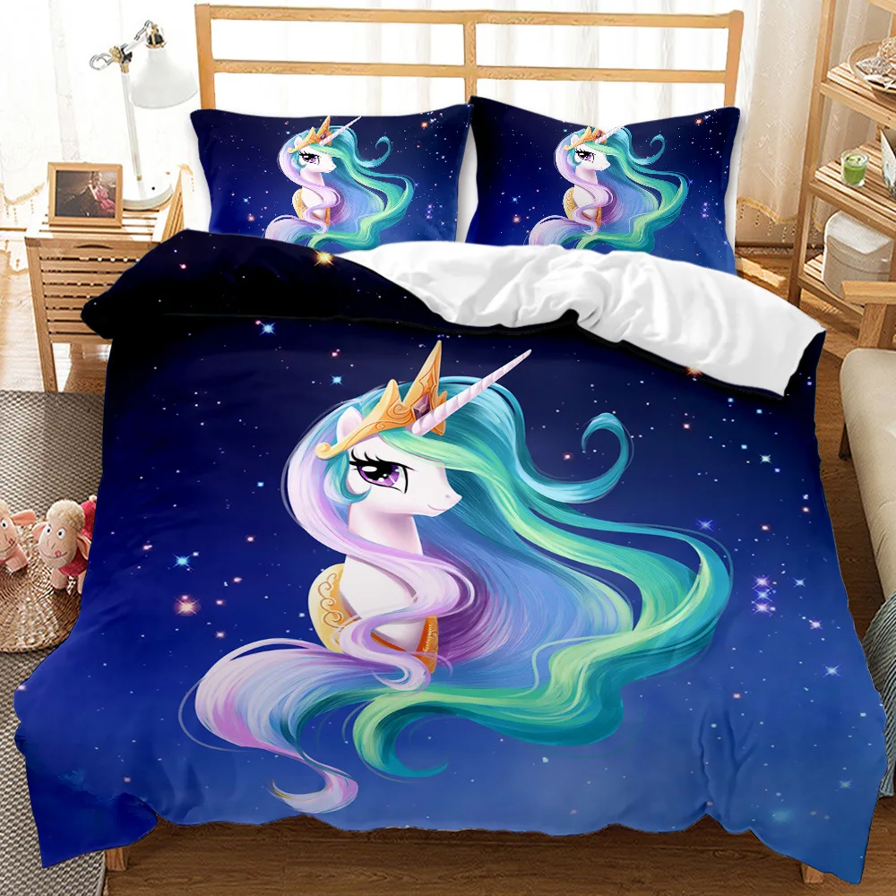 

Hot Sale Cartoon Unicorn Kids Girls Pink 3D Bedding Set Duvet Cover Bedcllothes Animal Printed Queen King Size Home Bed Linens