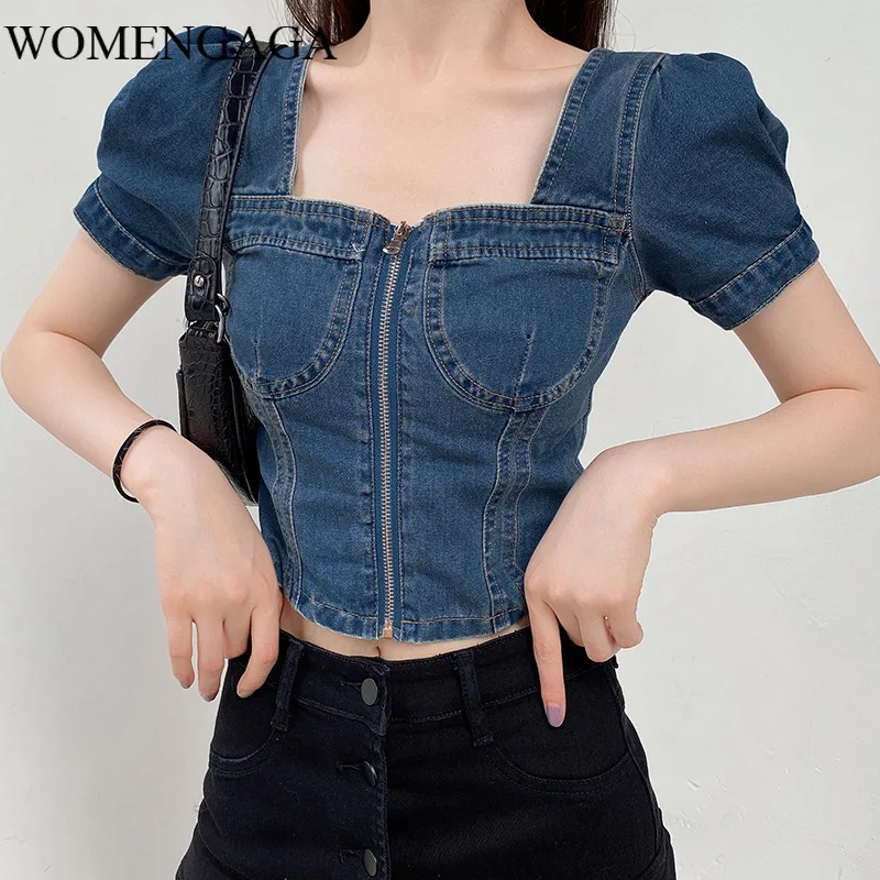 Sexy Denim Square Collar Women T-shirt Short Puff Sleeve Zipper Blue Crop Top Lace Up Slim Fit Beauty Back Summer Top WQ09
Sexy Denim Square Collar Women T-shirt Short Puff Sleeve Zipper Blue Crop Top Lace Up Slim Fit Beauty Back Summer Top WQ09