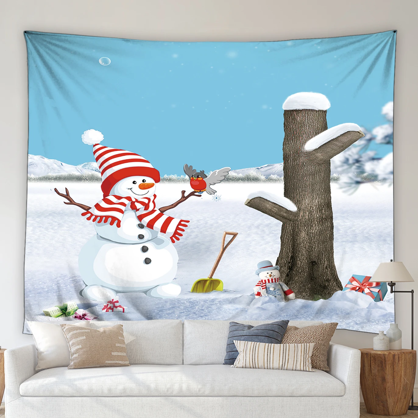 

Christmas Hippie Big Tapestry Cute Cartoon Snowman Winter Landscape White Snowy Christmas Party Decoration Wall Hanging Blankets