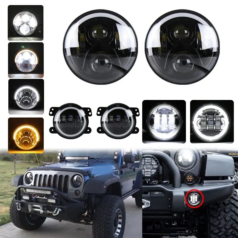 

60W 7inch Round Led Headlight DRL Running Lights With Halo Angel Eye Hi/Low Beam+4inch 30W Led Fog Light For-Jeep Wrangler JK