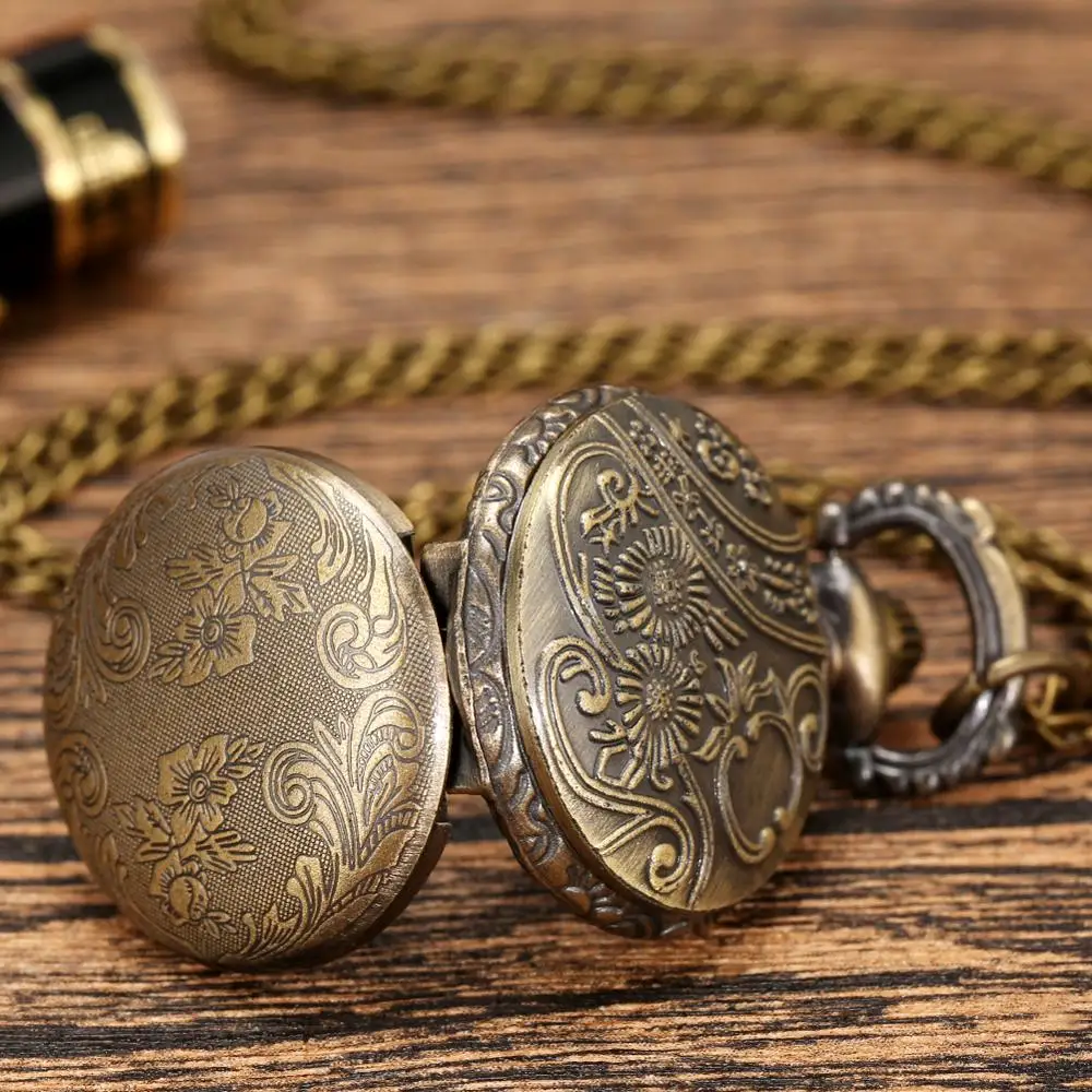 Simple Small Size Mini Bronze Quartz Pocket Watch Floral Rattan Necklace Pendant Minimalist Sweater Chain Watches for Men Women | Наручные