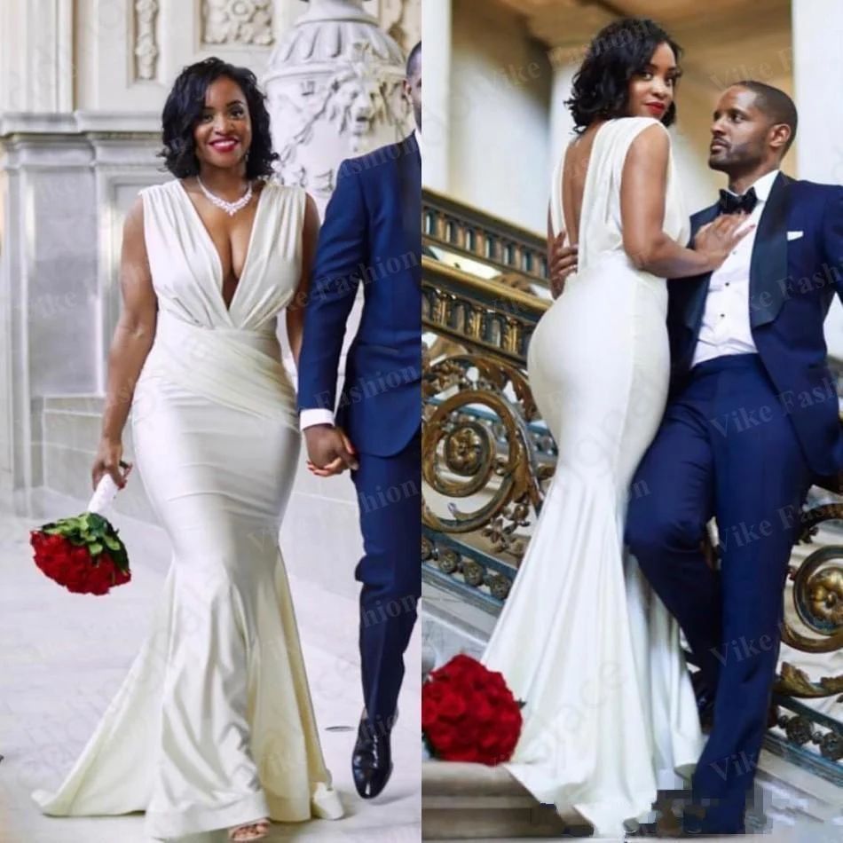Mondern Sexy Design Mermaid Wedding Dress Sexy Black Girl Backless Deep V Neck Pleats Floor Length Long Bridal Gowns Custom Plus
Mondern Sexy Design Mermaid Wedding Dress Sexy Black Girl Backless Deep V Neck Pleats Floor Length Long Bridal Gowns Custom Plus