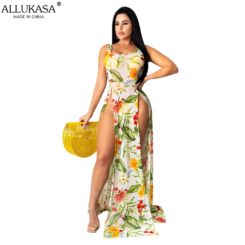 

Allukasa Women Summer Palm Leaf Mesh Cover Up Dress Floral Print Sundress Beachwear See Through High Split Long Maxi Dress 2021