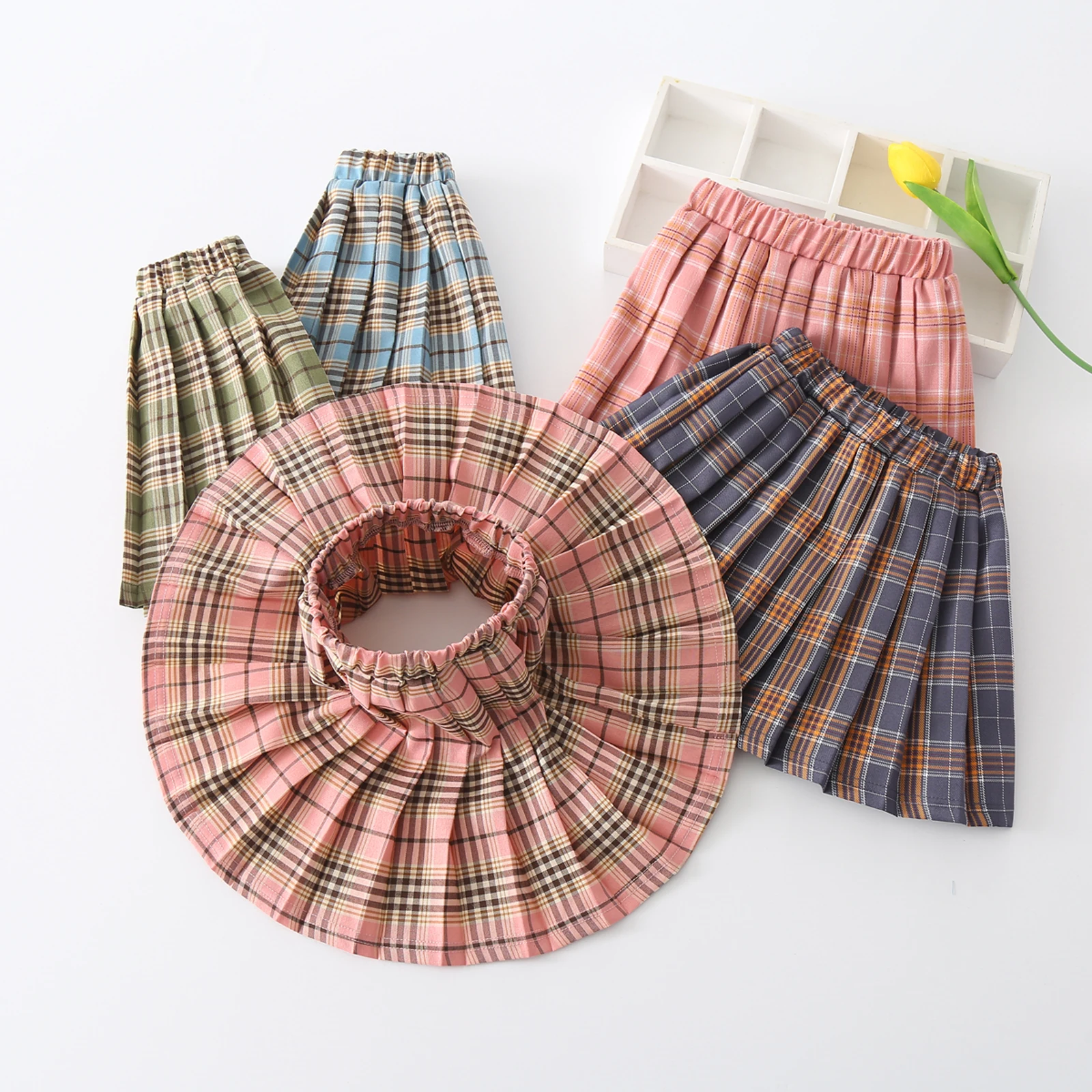2020 New Fashion Kids Baby Girls Plaid Skirt Summer Fall Print Pleated Versatile Stretchy Waist Flared Mini Skater | Мать и ребенок