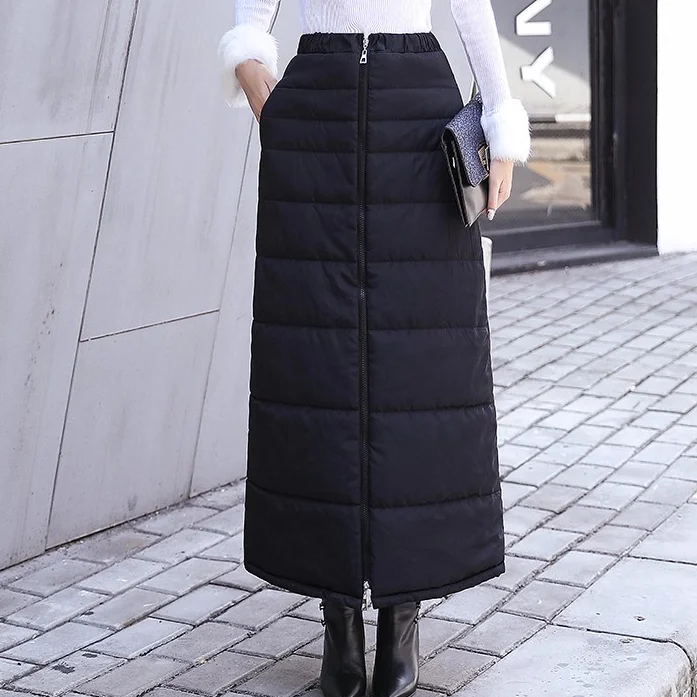 Черные зимние женские пуховые хлопковые длинные юбки-карандаши 2020 эластичная