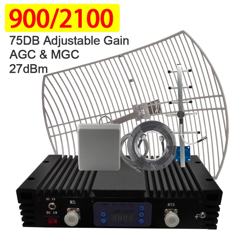 Усилитель сигнала GSM репитер 75 дБ усиление регулируемое 22дБи сетевая антенна GSM900 WCDMA2100 мобильный.