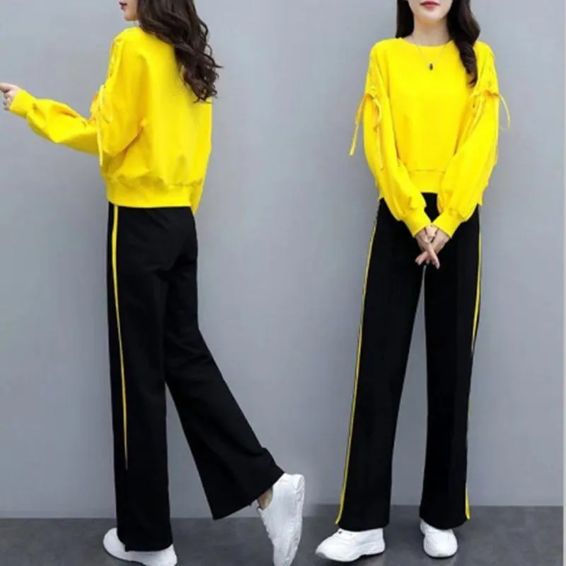 Spring Autumn Women'S Tracksuits 2 Piece Sets Yellow Blue Crop Top + Black Pants Loose Sweatshirt Two Piece Outfits For Women
Spring Autumn Women'S Tracksuits 2 Piece Sets Yellow Blue Crop Top + Black Pants Loose Sweatshirt Two Piece Outfits For Women