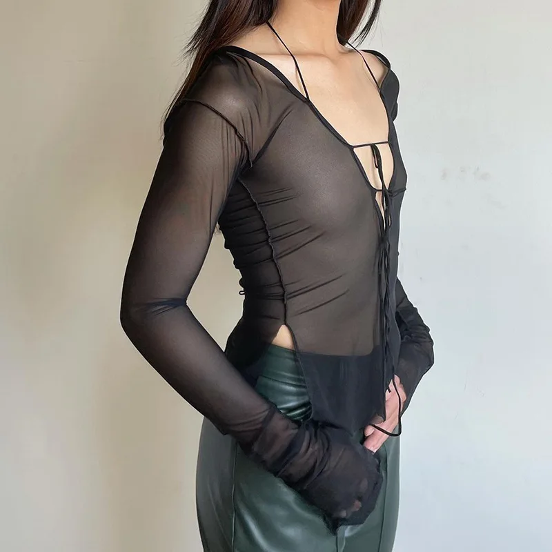 New Arrived Female Tops, Solid Color Halterneck Strappy Long Sleeve See-Through T Shirts for Summer, Black, S/M/L
New Arrived Female Tops, Solid Color Halterneck Strappy Long Sleeve See-Through T Shirts for Summer, Black, S/M/L