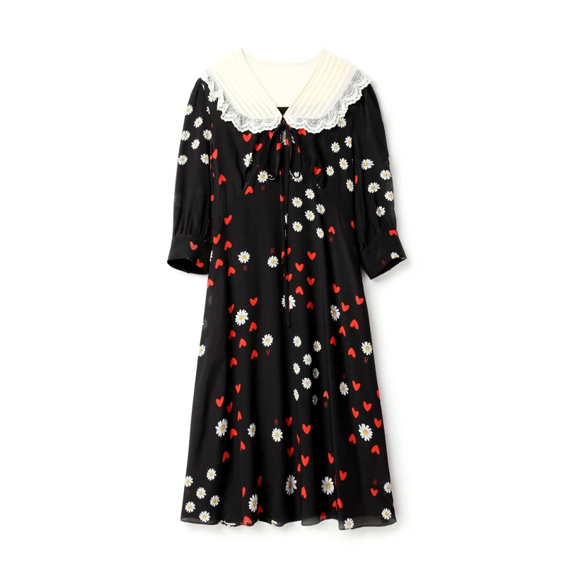 100% Natural Silk Women's Dresses Peter Pan Collar Lace Up 3/4 Sleeves Sweethearts Printed Fashion Summer Dress Vestidos
100% Natural Silk Women's Dresses Peter Pan Collar Lace Up 3/4 Sleeves Sweethearts Printed Fashion Summer Dress Vestidos