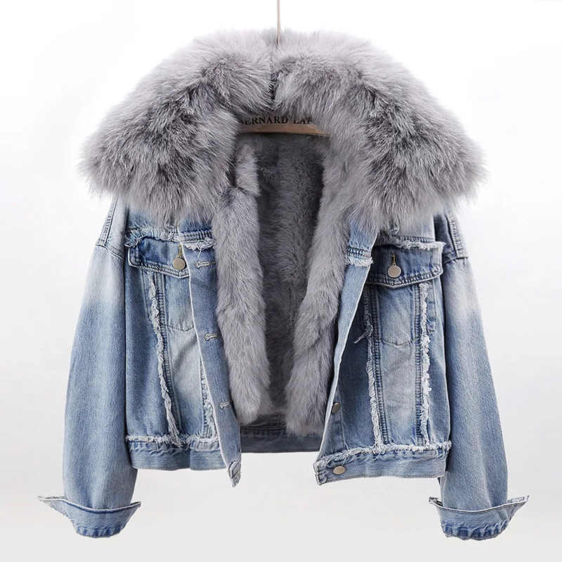 Real Fox Fur Collar Rabbit Fur Liner Denim Jacket Women Outwear Winter Loose short Vintage blue Frayed Jeans Jacket Coat Female
Real Fox Fur Collar Rabbit Fur Liner Denim Jacket Women Outwear Winter Loose short Vintage blue Frayed Jeans Jacket Coat Female