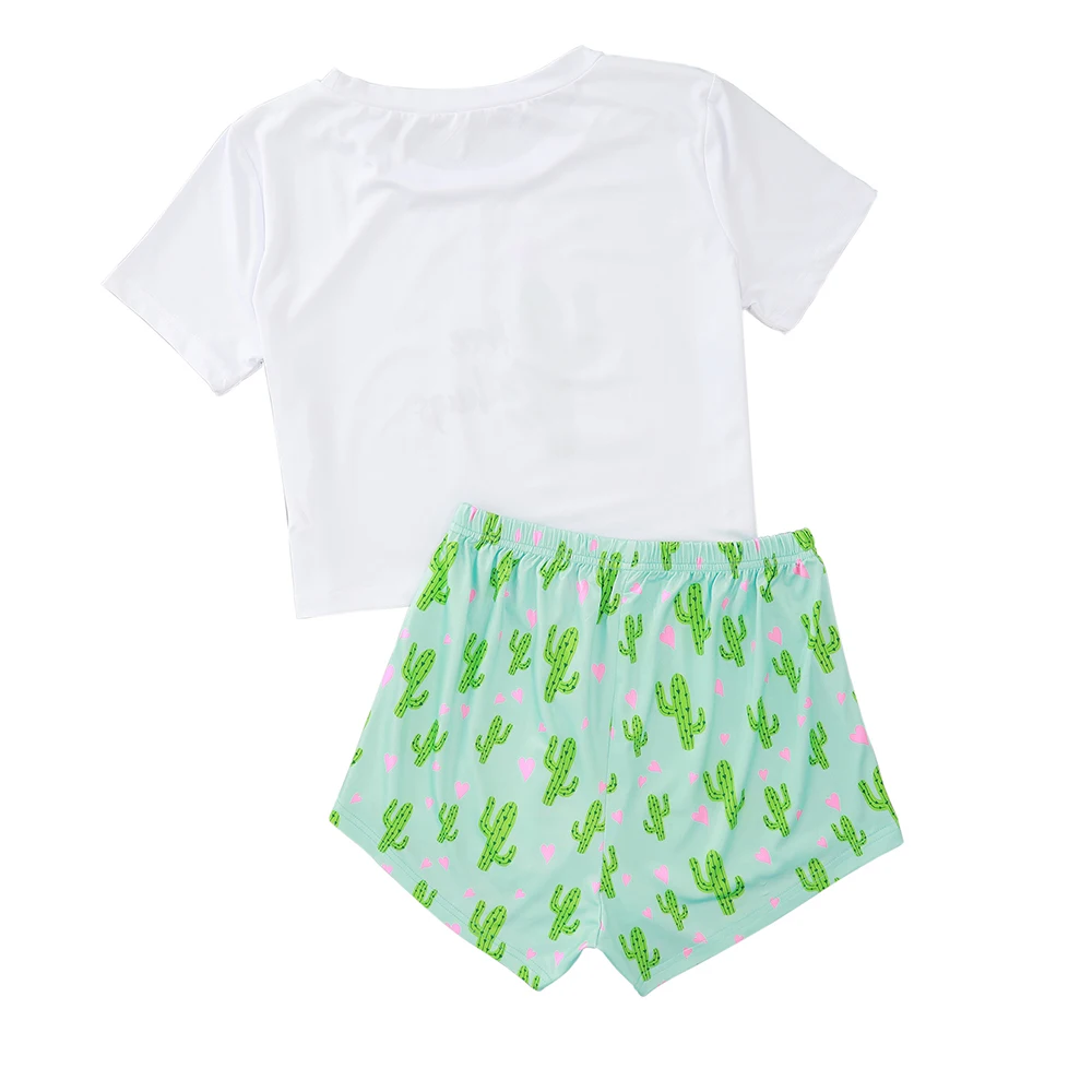 

2pcs Women's Sleepwear Cactus Printed Short Set Pajama Sweet Short Sleeve T Shirts & Shorts Casual Soft Loungewear Set