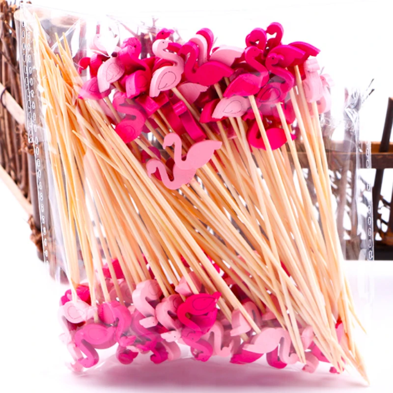 Бамбуковые палочки в форме фламинго 100 шт. 12 см вилка для фрукт кекса десертов