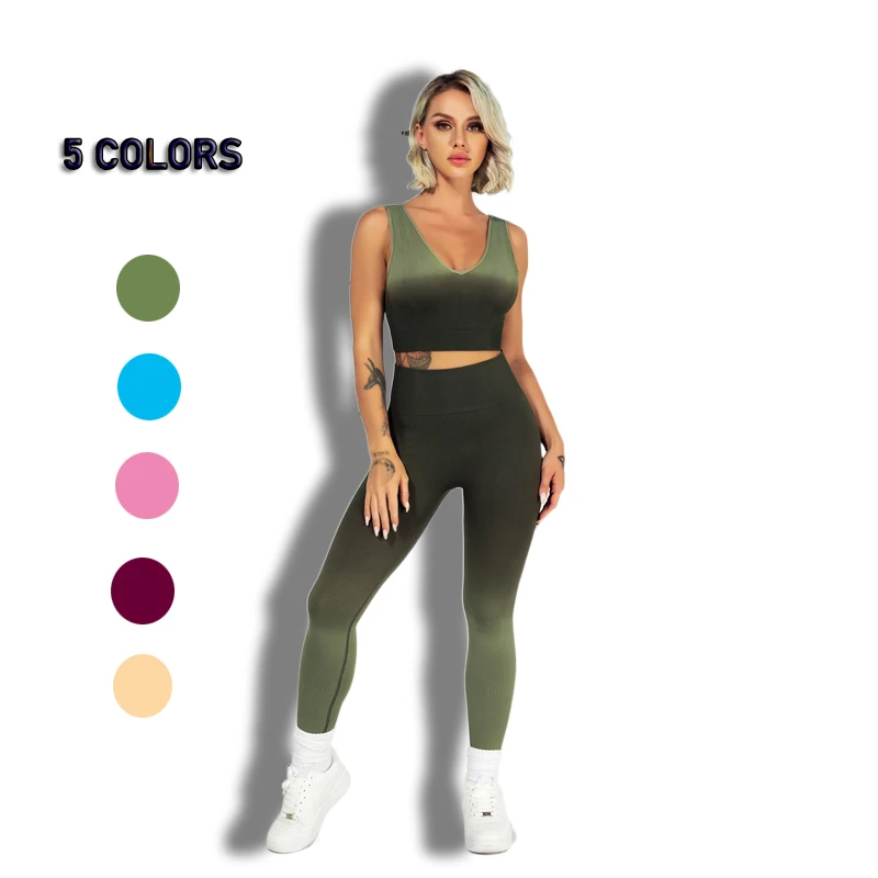 Fashion Woman Seamless Ribbed Yoga 2pcs Set Gradient Colors V-neck Bra Seamless Buttock Lift Sports Waisted Workout Leggings
Fashion Woman Seamless Ribbed Yoga 2pcs Set Gradient Colors V-neck Bra Seamless Buttock Lift Sports Waisted Workout Leggings