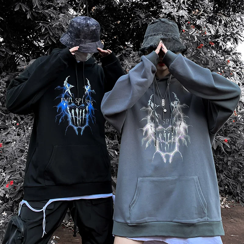 2020 Men Hip Hop Hoodie Sweatshirt Lightning Devil Print Harajuku Streetwear Hooded Pullover Cotton Autumn Loose Black | Мужская одежда