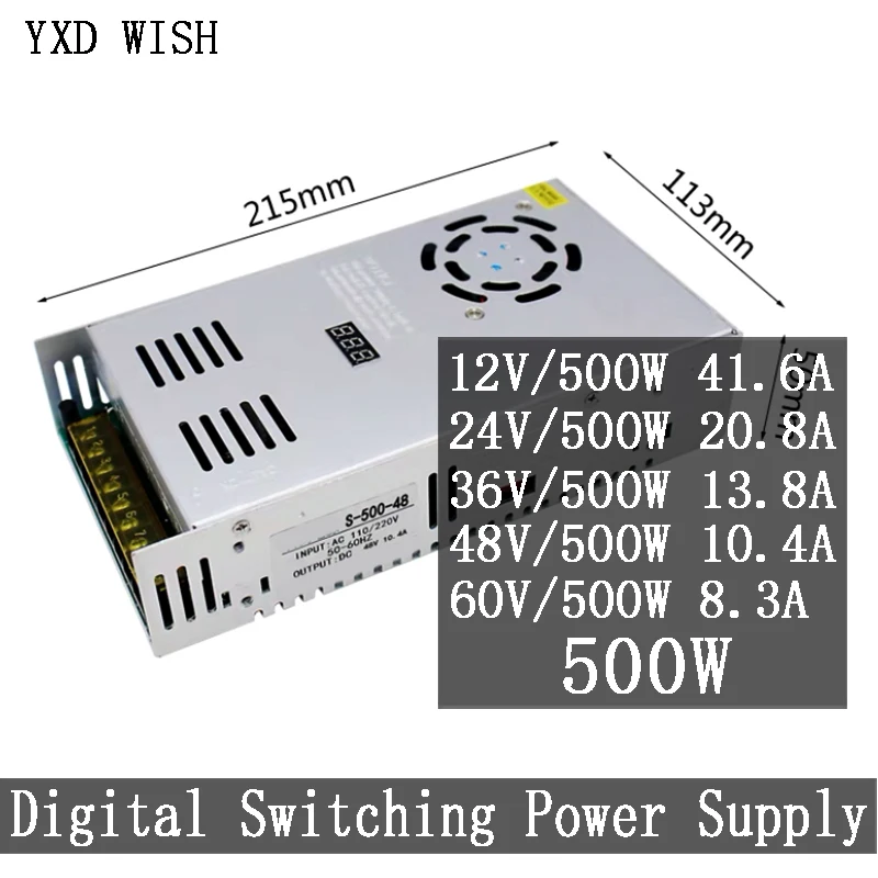 

12V 24V 36V 48V 60V Power Supply AC 110V 220V to DC 12 24 36 48 60 V 40A 20A 13.8A 10A 8.3A Digital Switching Power Supply 500W