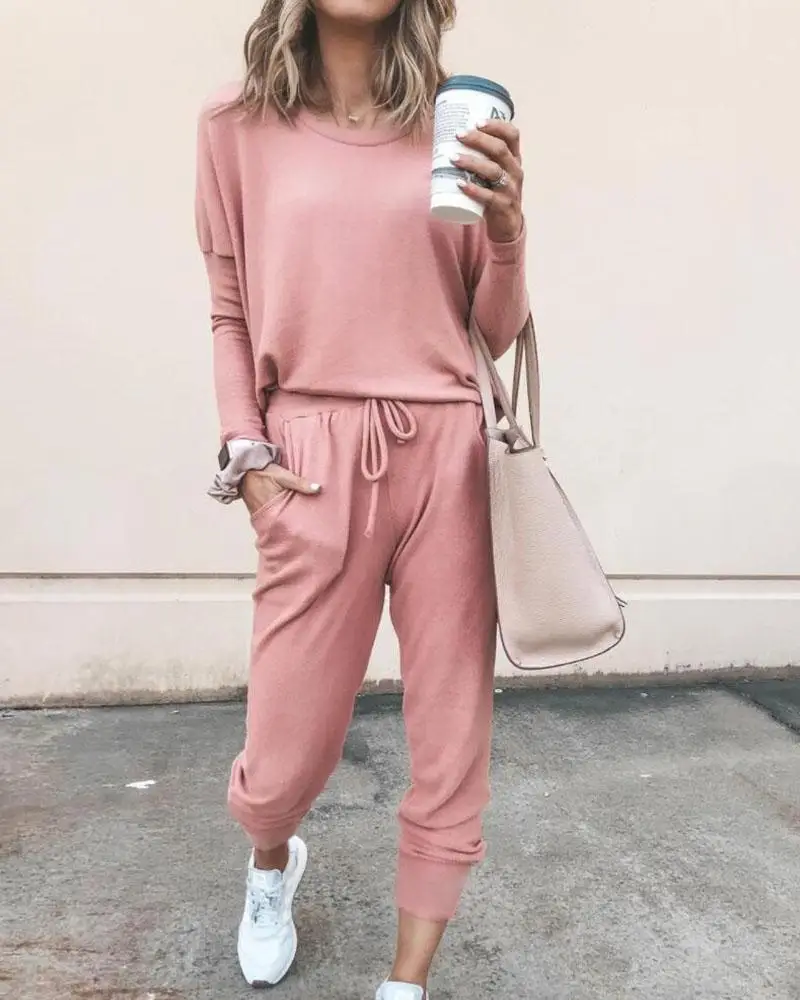 Women Spring Solid Long Sleeve Top & Tied Casual Pants Female Casual Blouse&Bottom Two Piece Women Suit Sets Homewear Nightwear
Women Spring Solid Long Sleeve Top & Tied Casual Pants Female Casual Blouse&Bottom Two Piece Women Suit Sets Homewear Nightwear